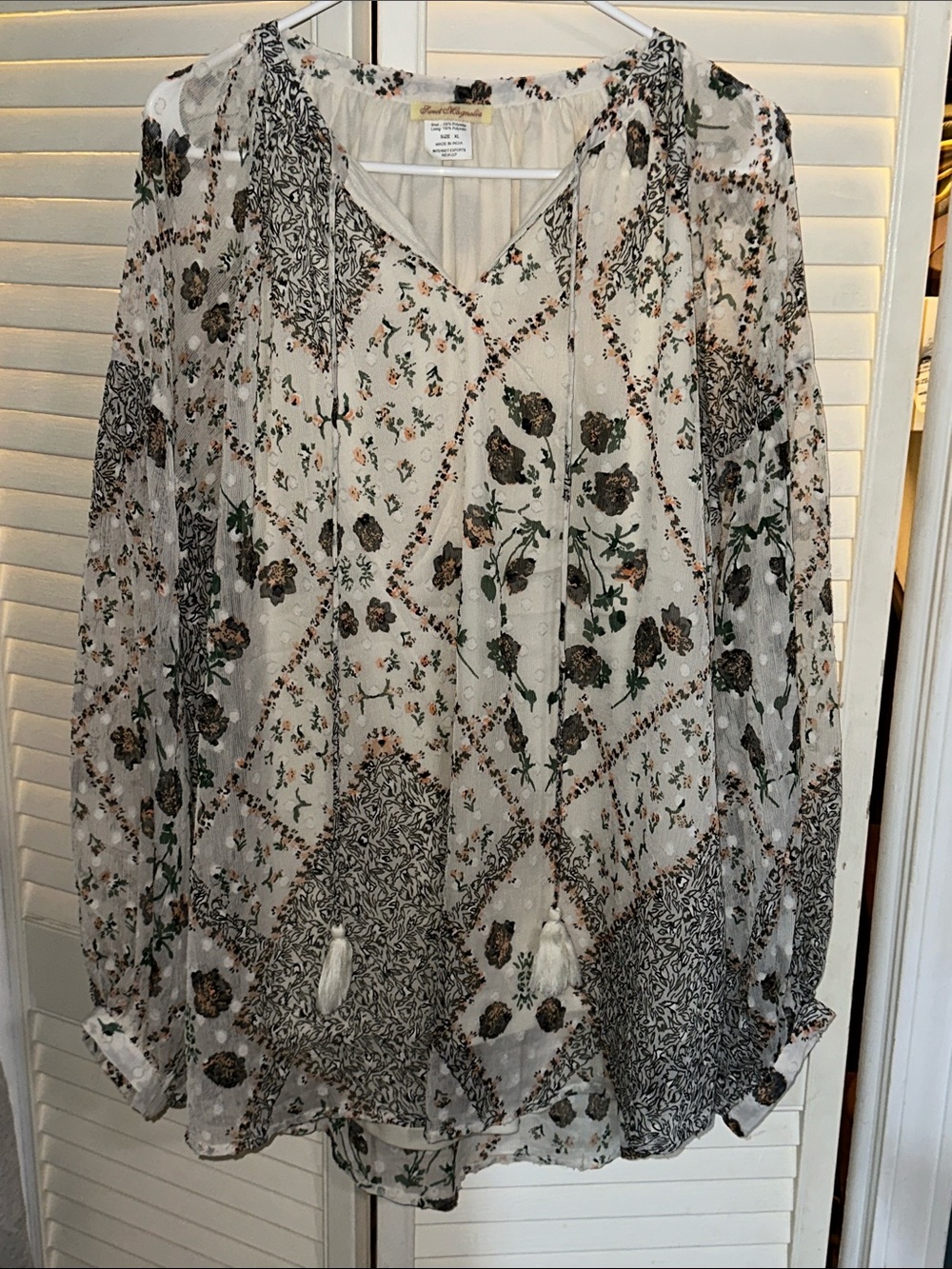 Sheer Floral Patchwork Peasant Blouse — Ivory with Olive and Brown